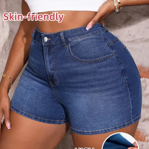 Women's Plus Size Curvy Elastic Stretchy Crop Denim Shorts, Casual Mid Waist Jean Shorties, Comfortable Summer Versatile Vintage Y2K Style, Slim-Fitting Zipper Fly, Pocket, Bottom