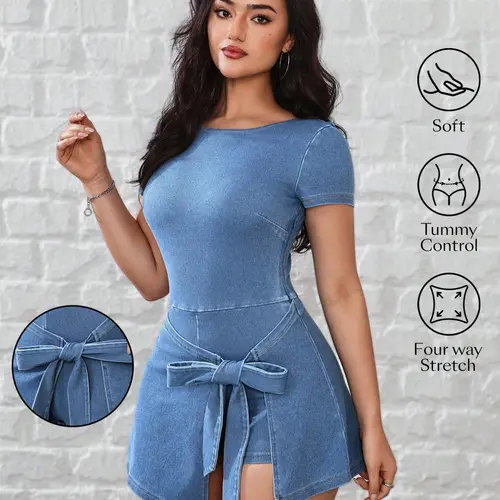 Tie-Up Denim Mini Dress with Built-in Shorts, Short-Sleeve Adjustable Fit Bodycon Dress for Women, Hot Girl Style, Casual Wear, Beach Party Dress, Perfect for Summer Fashion