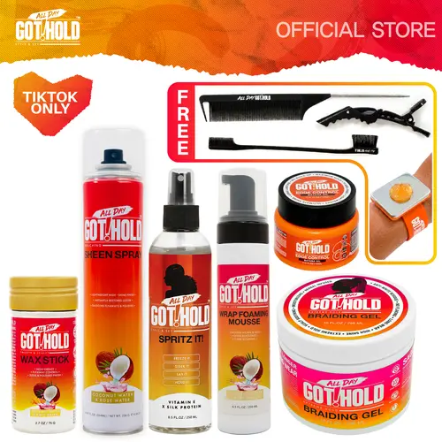 ALL DAY GOT HOLD Flawless Smooth Vegan Daily Haircare Braiding Full Kit Bundle for Adults - Knotless Styles, Lightweight Foam Mousse, Braiding Gel, Wax Stick, Sheen Spray, Spritz, Edge Control, Free Tools & Wristband, Frizz-Free Hair Products (Great Gift)