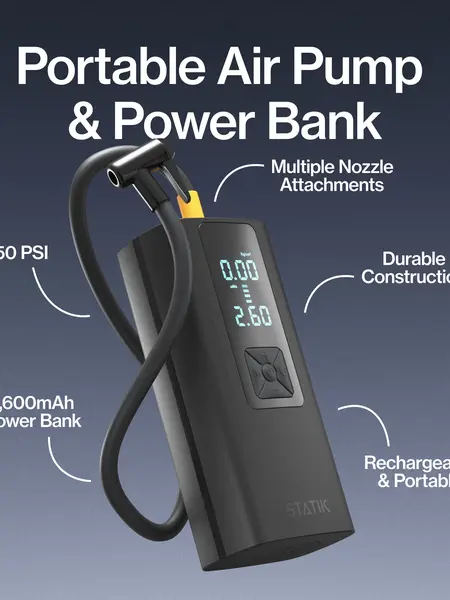 STATIK TireHero: Air Pump & Power Bank | 150 PSI Portable Tire Inflator | LCD Display | Built-In Flashlight | Multiple Nozzles | USB-C Rechargeable | Car, Bike, Motorcycle, Scooter & Ball