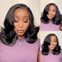 U&A Hair Wavy Layered Wig Blowout Style C- Part ,260% Density 9x7 Lace Front Synthetic Wear and Go Pre Cut Pre Plucked Glueless Wigs 18Inch Natural Looking Hair for Women Daily Party Use Beginner friendly