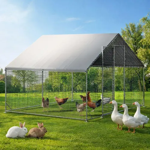 Petony 13.1 x 9.8 x 6.6ft Large Metal Chicken Coop - Galvanized Heavy-Duty Outdoor Poultry Cage with Mesh Netting, Anti-UV Cover, Security Lock, Square Frame, Predator-Proof, All-Weather Safe Backyard Enclosure for Hens, Ducks (No Battery Required), Galva
