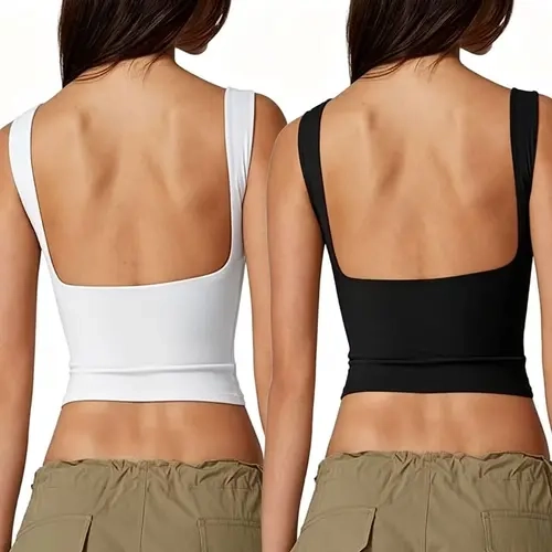 【2 Pieces】QINSEN Women's Sexy Open Back Sleeveless Crop Tank High Neck Slim Fit Cropped Tee Shirt Y2k Tops Comfort Fabric