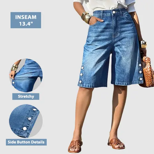 Flamingals Wash Button Decor High Waist Denim Bermuda Shorts Womenswear Stretchy 13.4" Inseam