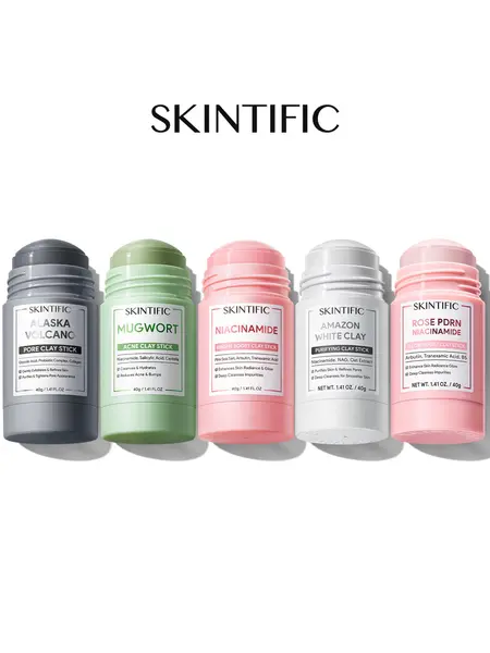 SKINTIFIC Clay Stick Collection 5 Masks for Every Skin Concern - Alaska Volcano Clay Stick / Mugwort Anti Pores & Acne Clay Stick / Skin Resurfacing Clay Stick / Amazon White purifying Clay Stick / PDRN Rose Clay Stick