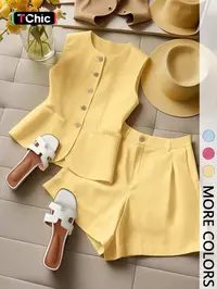 Women's Button Front Sleeveless Top & Shorts Set, Casual Comfortable Two-Piece Set, Fashion Chic Vacation Ensemble Outfit #GLOBAL PICKS