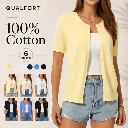 QUALFORT Women’s 100% Cotton Cropped Short-Sleeve Button-Down Knit Cardigan Sweater - Lightweight Basic Knitwear, Women's Fashion Business Casual Summer Tops, Business Casual Tops, Tops Women,clothes for back to school,first day of school outfits Black Ro
