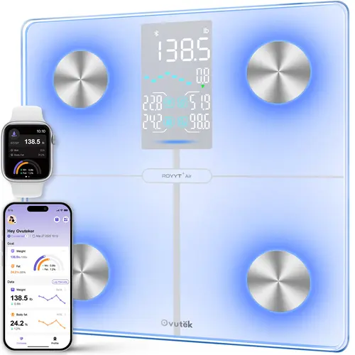 Ovutek Smart Body Fat Scale, with 7-Color Glowing Sreen, (Green/Loss, Red/Gain, Blue/Stable), 14 Body Composition Metrics Including BMI, Muscle Mass, Data Display Screen, Weight Bathroom Scale with Color-Changing, Fitness App, Glowing White