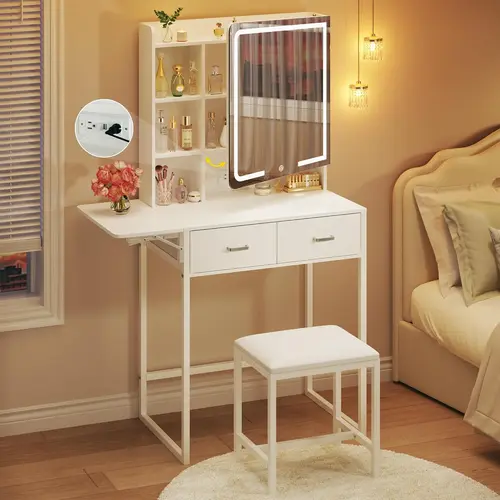 Vanity Desk with Mirror and Lights, Small Vanity with Fabric Storage Drawer & Hidden Storage Shelves, Makeup Vanity with Fold-up Panel & Power Outlet, for Bedroom, White
