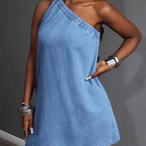 Women's Chic Solid Color Asymmetrical Neckline Sleeveless Short Dress, Elegant Summer Dress, Stylish and Comfortable Womenswear, Perfect for Daily Wear, Casual Elegant Dresses