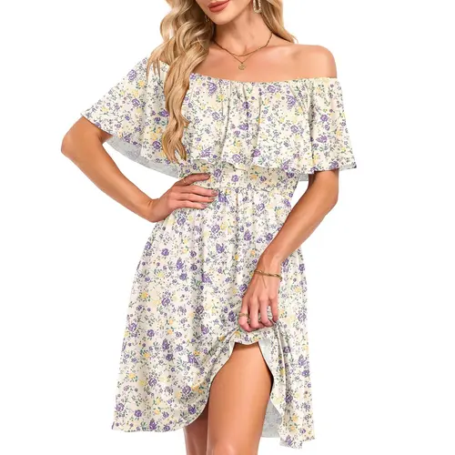 AUSELILY Women's Off the Shoulder Mini Dress - Floral Print, Casual Style, Summer Wear, Womenswear