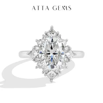ATTAGEMS Women's S925 Sterling Silver 3CT Oval Cut D Color VVS1 Lab-Created Moissanite Ring - Victorian Silver Artificial Gemstone Ring for Female Adults, Vintage Oval Starburst Jewelry, Wedding Anniversary Engagement Gift R396