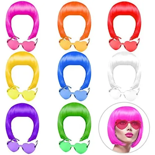 16 Pieces Party Wigs and Sunglass Set, Neon Short Bob Wig Sunglass Pack Costume Colorful Cosplay Wig Daily Party Hairpieces for Bachelorette Neon Party Favors, Halloween and Decorations sohochic