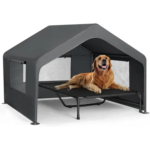 Veehoo Extra Large Weatherproof Outdoor Dog House, Polyester-Plastic UV Blocking Shelter with 4.1' XL Space (4.1x4.1x3.3 ft), Elevated Bed, Easy Assembly for Pets (Grey),sohochic