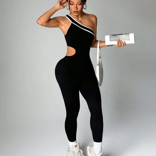 Women's Colorblock Criss Cross Jumpsuit, Sleeveless High Stretch Knit, Sporty Style, Comfortable for Yoga, Gym, Outdoor Activities, Sleeveless Workout Jumpsuit, Sleeveless Jumpsuits, Sleeveless Sports Jumpsuit