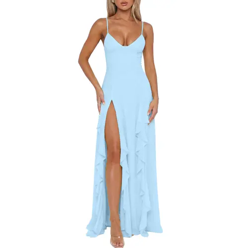 BORIFLORS Women's Sleeveless Mesh Maxi Dress - Deep V-Neck Spaghetti Strap Summer Gown with Ruffle High Slit, Formal Wear for Prom, Graduation & Semi Formal Wedding Guest Occasions,sohochic
