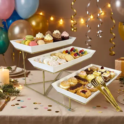 Sebastian CADIA Stylish 3-Tier White Plastic Serving Tray with Gold Stand, Multi-Functional Set Including Tongs for Buffet, Party Snacks,sohochic