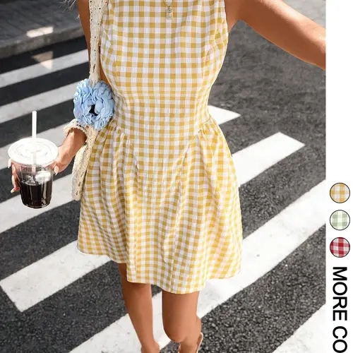 Women's Gingham Check Sleeveless Mini Dress, Round Neck, Open Back, Waist Tie Belt, A-Line Flared Skirt, Light Crinkled Woven Fabric, Versatile for Brunch, Picnic, Vacation, Date, Casual Fashionable Dress