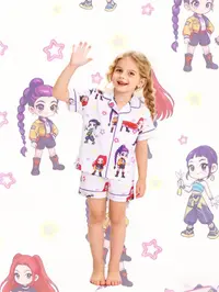 2-piece children's kpop cartoon character printed short sleeved shorts with soft collar, small pocket elastic waistband, daily casual sleepwear set, Cartoon Pattern Pajamas, Pajama Sets