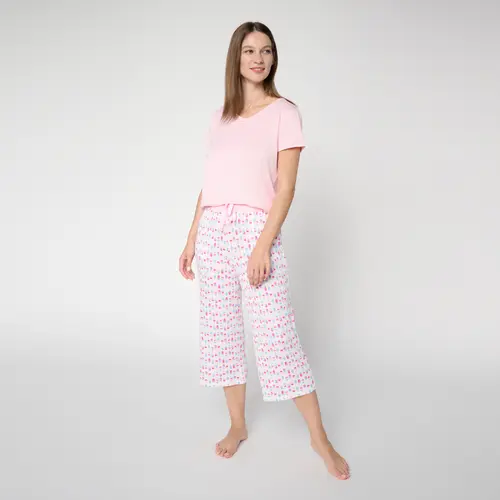 MUK LUKS Cloud Knit Lace Neckline Tee & Pant Pajama Set