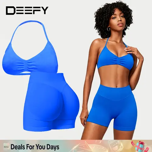 [SIZE UP 1] DEEFY Two-Pieces Suit Impact Strappy Bra&Impact Shorts Fitness Yoga Sports Women Activewear Gym Outdoor Tank Tops Hidden Scrunch Butt Lifting Gymwear Shorts Womenswear #BackToSchool