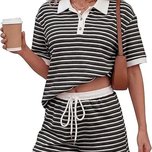 KFUBUO Women's 2-Piece Striped Knit Lounge Set - Short Sleeve Top, Elastic Matching Bottoms, Drawstring Waist Summer Pajama Loungewear