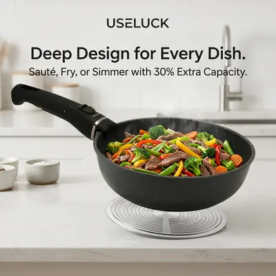 USELUCK 26cm Black Granite Nonstick Stir-Fry Pan with Lid & Handle, Deep Skillet Easy-Clean Everyday Kitchen Cookware for Frying, Nonstick Pans
