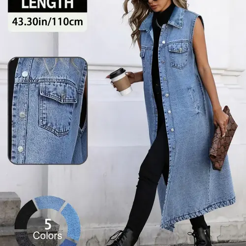Women's Elegant Versatile Minimalist Sleeveless Long Loose Denim Waistcoat Vests Stylish and Comfortable Outerwear Button Denim Vest