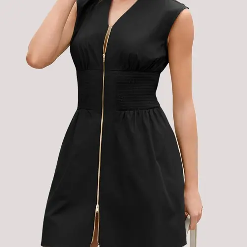 Fisoew Women's Basic Algodón Sleeveless V-Neck Zip-Front Smocked Mini Dress - Casual, Comfy, Loose Summer Women's Dresses with Pockets, Casual Wear, Algodón Casual Dresses