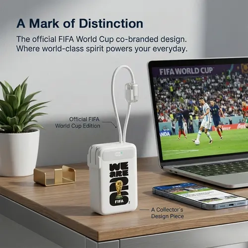 Official FIFA World Cup 2026 Edition, 3-in-1 Power Bank with Built-in Cable and Foldable Wall Plug, 22.5W Max 10000mAh Portable Charger Power Bank for iPhone 17/16 Series, Galaxy S26/S25, White