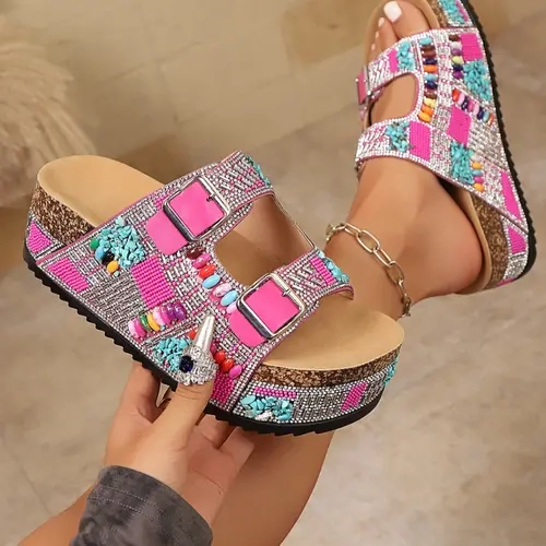 Boho Style Colorful Beaded Thick Sole Sandals for Women, Summer Dual Strap Soft Bottom Shoes, Beach Shoes, Bohemian Trending Sandals, Casual Summer Sandals