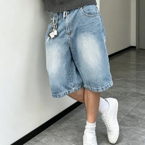 2026 New Vintage Light Washed Loose Denim Bermuda Loose Fitting Shorts, Men's Fashion Bottoms, Streetwear, Y2K Hip-Hop Style, Perfect for Summer
