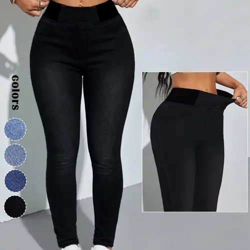 GILIPUR Women's Mid-Rise Stretch Skinny Fitted Jeans,Contrast Elastic Waistband Pockets Pull On Pants,Y2K Basic Casual Everyday Comfortable Slim Fit Denim Cotton Leggings for Daily&Outdoor TChic Trouser