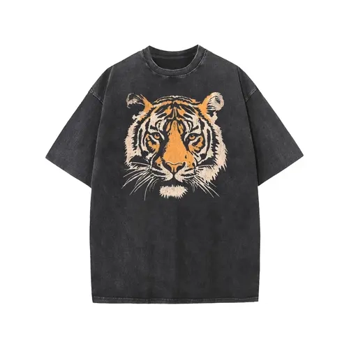 Holafish Women's Vintage Tiger Graphic Crew Neck Short Sleeves Loose-Fit Acid Washed Heavy Weight Cotton Tshirt - Stylish Streetwear Foldable Tee for Back to School,sohochic