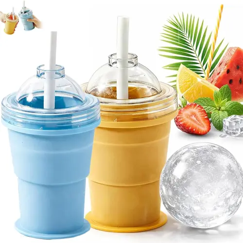 Flexible Foldable Silicone Ice Ball Maker Cup - Ice Spheres in Cup, Creative Freezer Mold for Whiskey, Reusable Coffee Drinkware, Includes Silicone Straw,sohochic