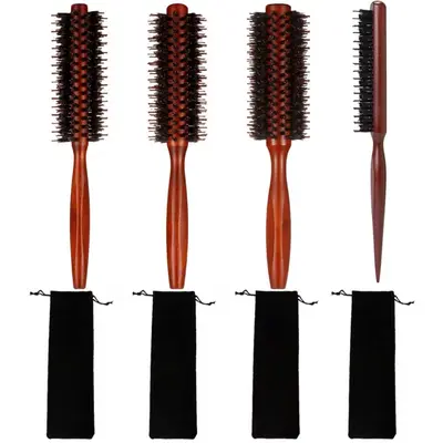 4pcs Set of Bristle Brushes, Heat-Resistant Curling Combs for Home Use, Styling Hair Combs, Wood Handle Bristle Brushes Designed for Curling And Drying Hair