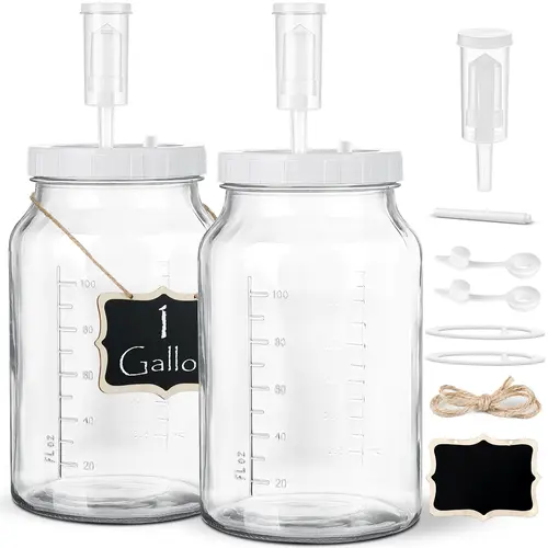 Kitchen Thick Glass Leakproof Fermentation Containers - 2-Pc 1 Gal Wide Mouth Jars with 3 Airlocks, 2 Screw Lids, 100% Airtight Heavy-Duty Silicone Seals, Scale Marks for Sauerkraut, Sourdough Starter Storage,sohochic