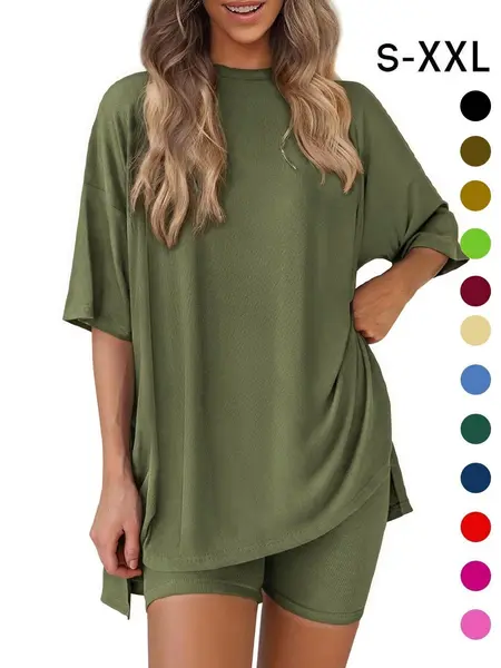 Women's Solid Color T-Shirt and Tight Shorts Set Loungewear, Summer Comfort Round Neck Pajamas Nightwear, Pocket Design, Suitable for Outdoor Wear