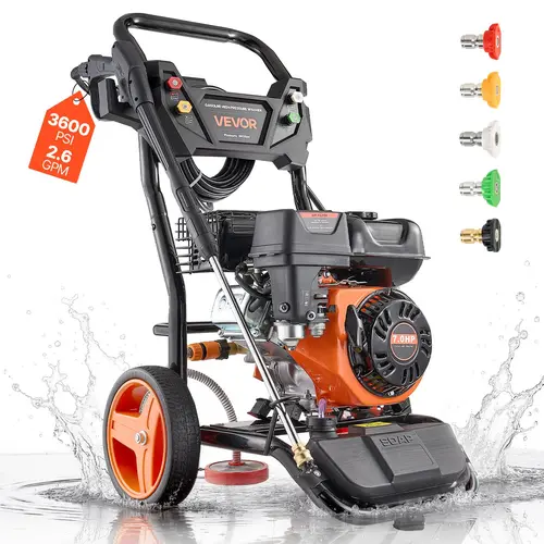 【toolupgrade】VEVOR Portable Gas Pressure Washer, 3600 PSI 2.6 Max GPM Full Copper Pump, 26 ft Hose, Spray Gun & Wand, 5 Nozzles Handle Cars to Corners, 10" Wheel Mobility, Pressure Washer Accessories for Cars/Fences, Homes