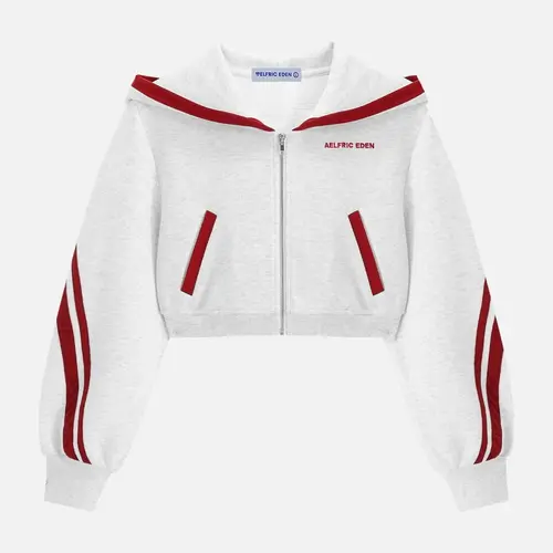 Aelfric Eden Unisex Ribbed Striped Boxy Cropped Zip-Up Hoodie, Sailor Collar, Contrast Stripe Sleeves, Stretch Knit Fabric, Everyday Fit Daily Casual Streetwear Top,summerwins,father'sdaygifts,back to school,back to school shopping,sohochic