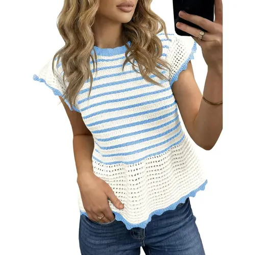 Saodimallsu Women's Azure Knitwear Cap-Sleeve Ruffle Round Neck Crochet Striped Babydoll Pullover Top, Summer Casual Lady Clothes,summerwins summerwins,summeroutfits,vacationoutfits,beachoutfits