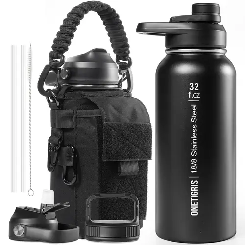 ONETIGRIS 32 oz Leakproof Sports Bottle - Unisex Double Wall Vacuum Food-Grade SS Tactical Insulated Thermos, Wide Mouth Stainless Steel Jug with 3 Lids, Sleeve, Emergency Tool Cord for Gym, Camping, Commuting, All Seasons Tactical Accessories