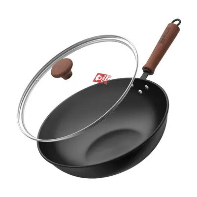 KÖBACH 32cm Wok Pan - Uncoated Cast Iron Wok for Stir Frying, Authentic Chinese Wok Cookware, Second Generation