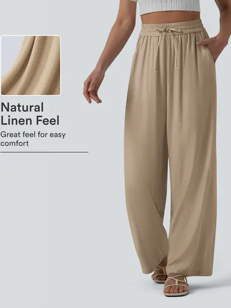 【Creator’s Pick】Halara High Waisted Drawstring Wide Leg Casual Linen-Blend Pants with Pockets #BackToSchool