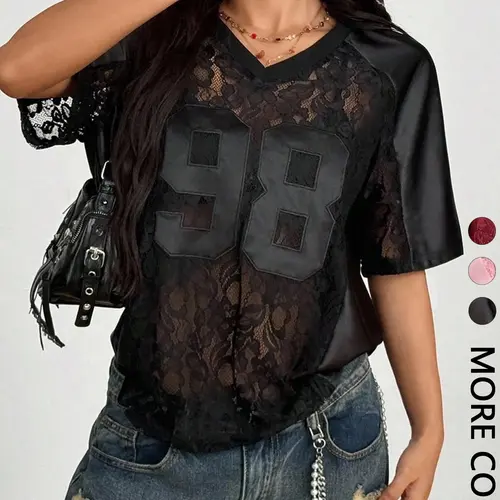 Vintage Edgy Asymmetrical Neck Sheer Lace Casual Summer Tee for Women, Y2K Streetwear