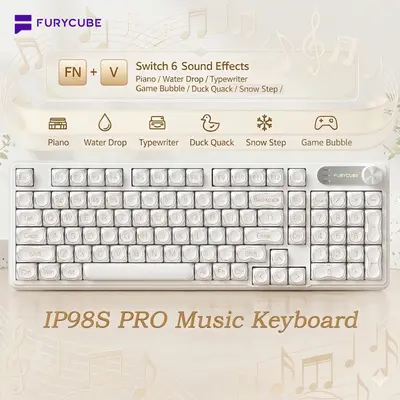 FURYCUBE IP98S Pro Music Foudation Keyboard, 6 Sound Effect, 98 keys with Media Knob Transparent Keycaps Tri-Mode BT/2.4GHz/USB-C Cute Funny Keyboard with Number Pad, RGB Backlit Work/Office/Gaming Silent Keyboard, Gift, Summerwins,backtoschool