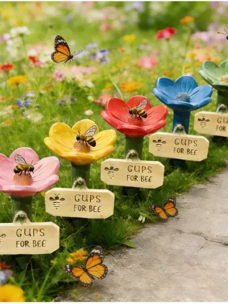 Whimsical 3-Piece Set - Blue, Yellow and Pink - Shaped Bee Drinking Fountain (Yellow) Ceramic Dish, Shallow Depth for Safe Hydration, Pollinator Aid for Backyard Lawn Areas, Eco-Friendly for Bird Enthusiasts
