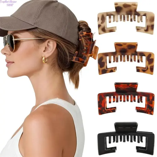 Women's 4-Pack Hat-Friendly Flat Leopard Print Claw Clips - Hollow Teeth, Strong Hold for Thick Hair, Sustainable Material, Durable for Daily Wear, Ideal for Baseball Cap/Trucker Hat Hairstyles, Fashion Accessory Gift,sohochic