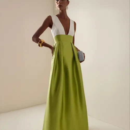 LikeMyChoice 2026 Elegant Deep V-Neck Two-Tone Maxi Dress Old Money Aesthetic Satin A-Line Party Gown Sleeveless High Waist Evening Dress for Gala Wedding Guest Womenswear Casual Basic Minimalist