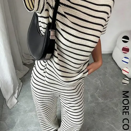 Women's Striped Short Sleeve Round Neck T-Shirt and Casual Long Pants, Casual Chic Set, Comfortable Home Wear, Essential Fashion Womenswear